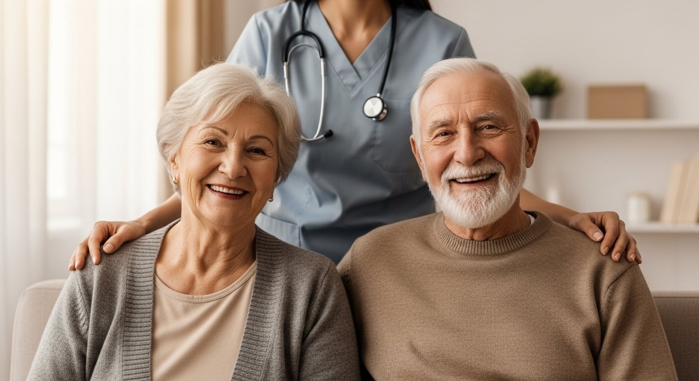 dos adultos mayores sonrientes, cuidados por una enfermera