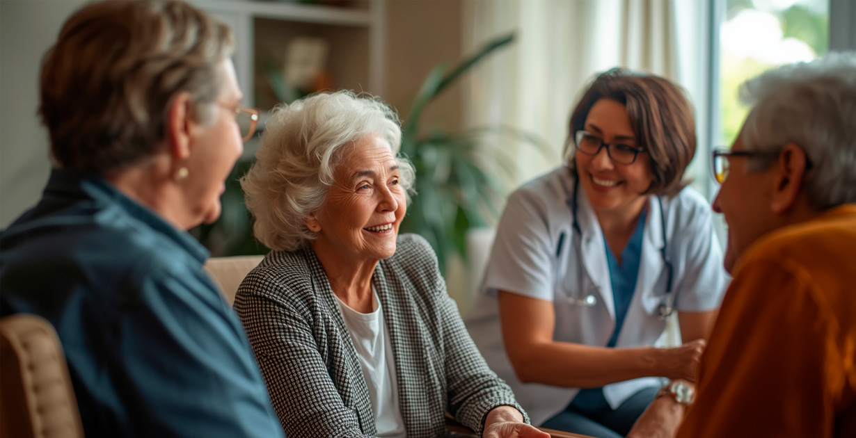 dultos mayores reunidos con un enfermero