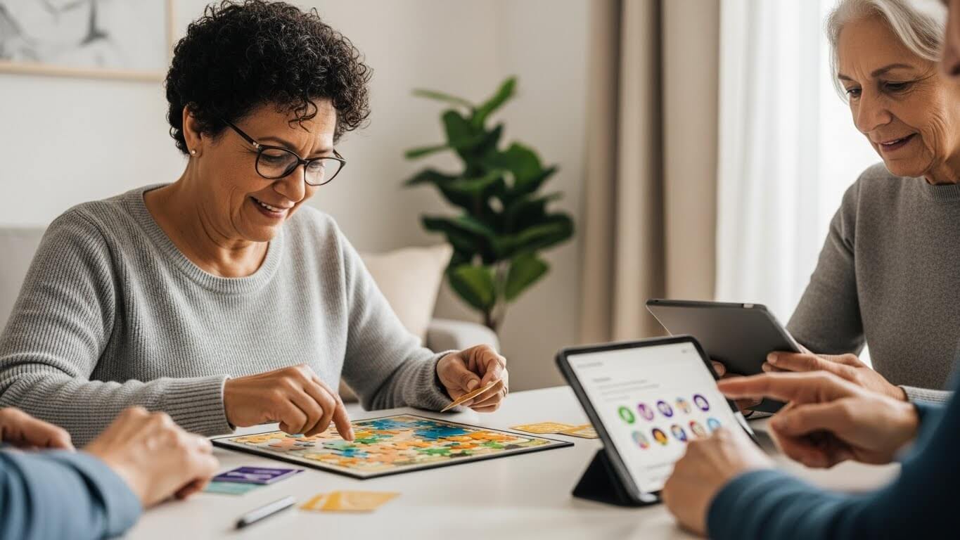 adultos mayores en una mesa con juegos de memoria