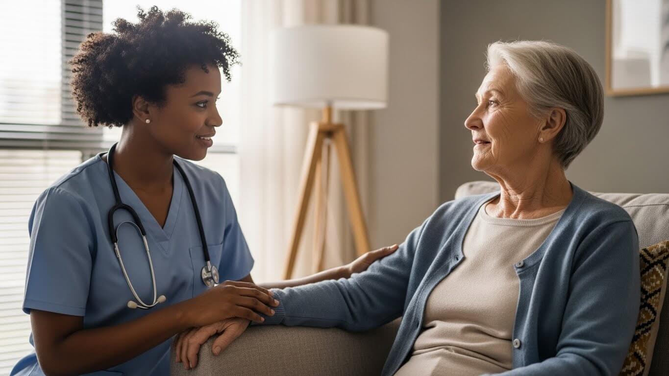 Enfermera cuidando a un adulto mayor, un ejemplo de qué es gerontología aplicada